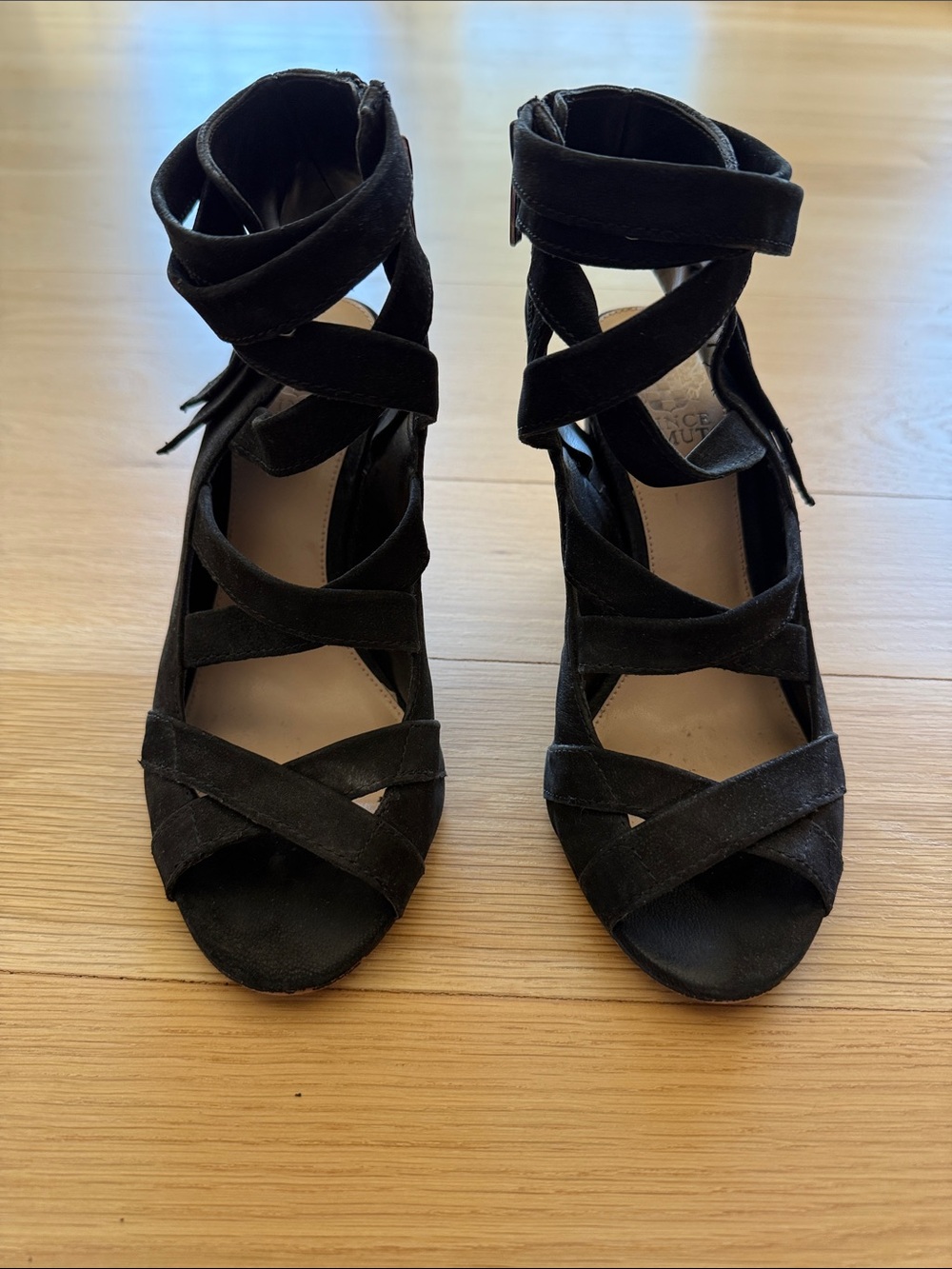Vince Camuto Black Suede Strappy Block Heel Sandals